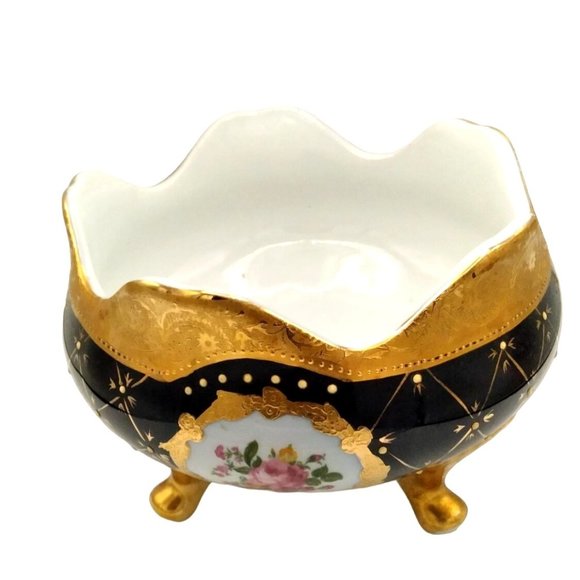 Limoge Design Cobalt Blue Hand Painted Porcelain Decorative Footed Bowl - Picture 3 of 6